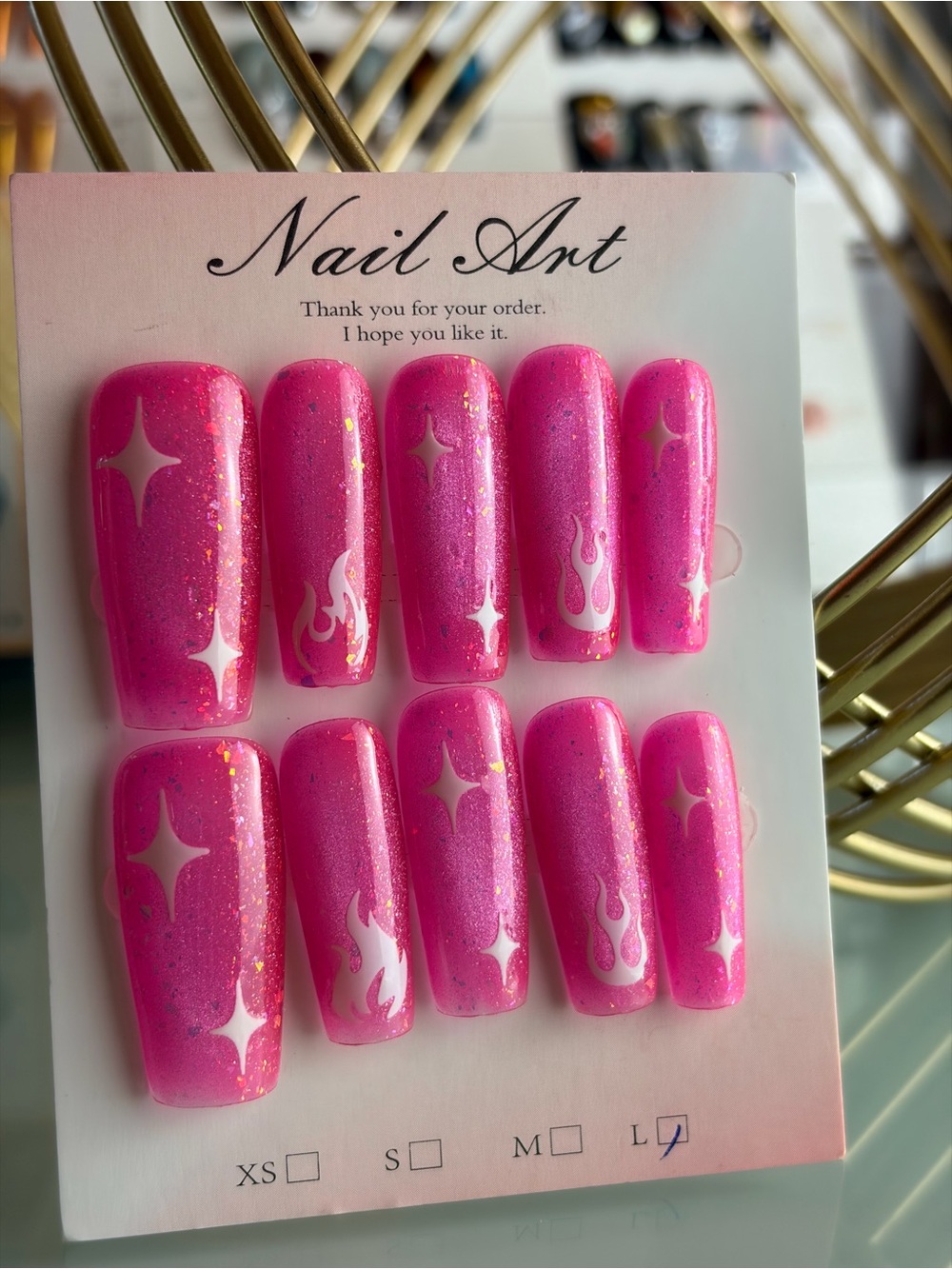 Hot Cat Eye Pink Glitter Press-On Nails with White Star & Flame Accents Large